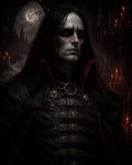 GRID THUMBNAIL — Red-eyed vampire with pale skin and long black hair in skull-trimmed armour, standing in a candlelit gothic cathedral under a looming full moon.
