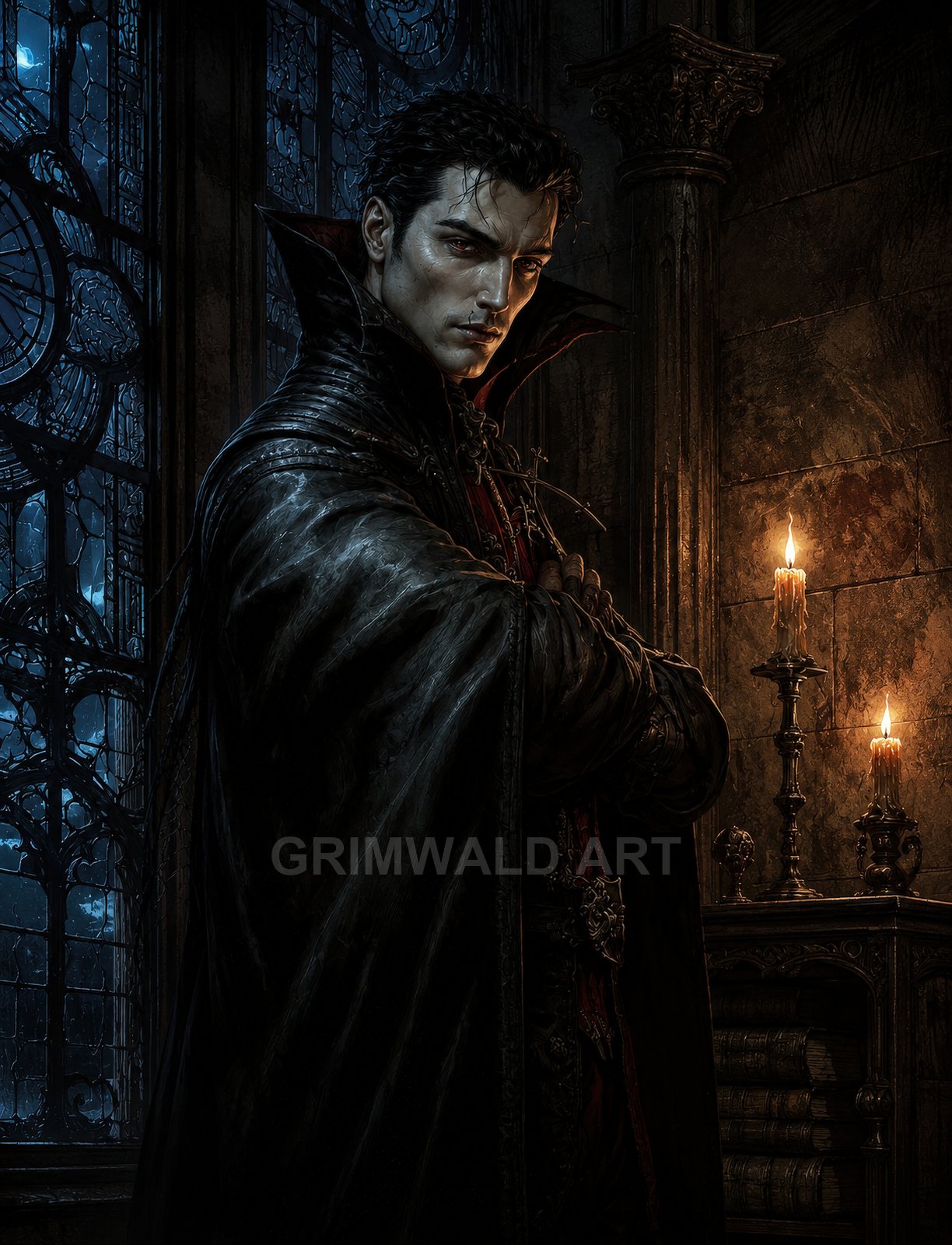 Candlelit portrait of a male vampire in a high-collared cloak, standing before gothic windows at night, with books and stone columns.