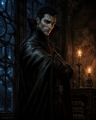 GRID THUMBNAIL — Candlelit portrait of a male vampire in a high-collared cloak, standing before gothic windows at night, with books and stone columns.
