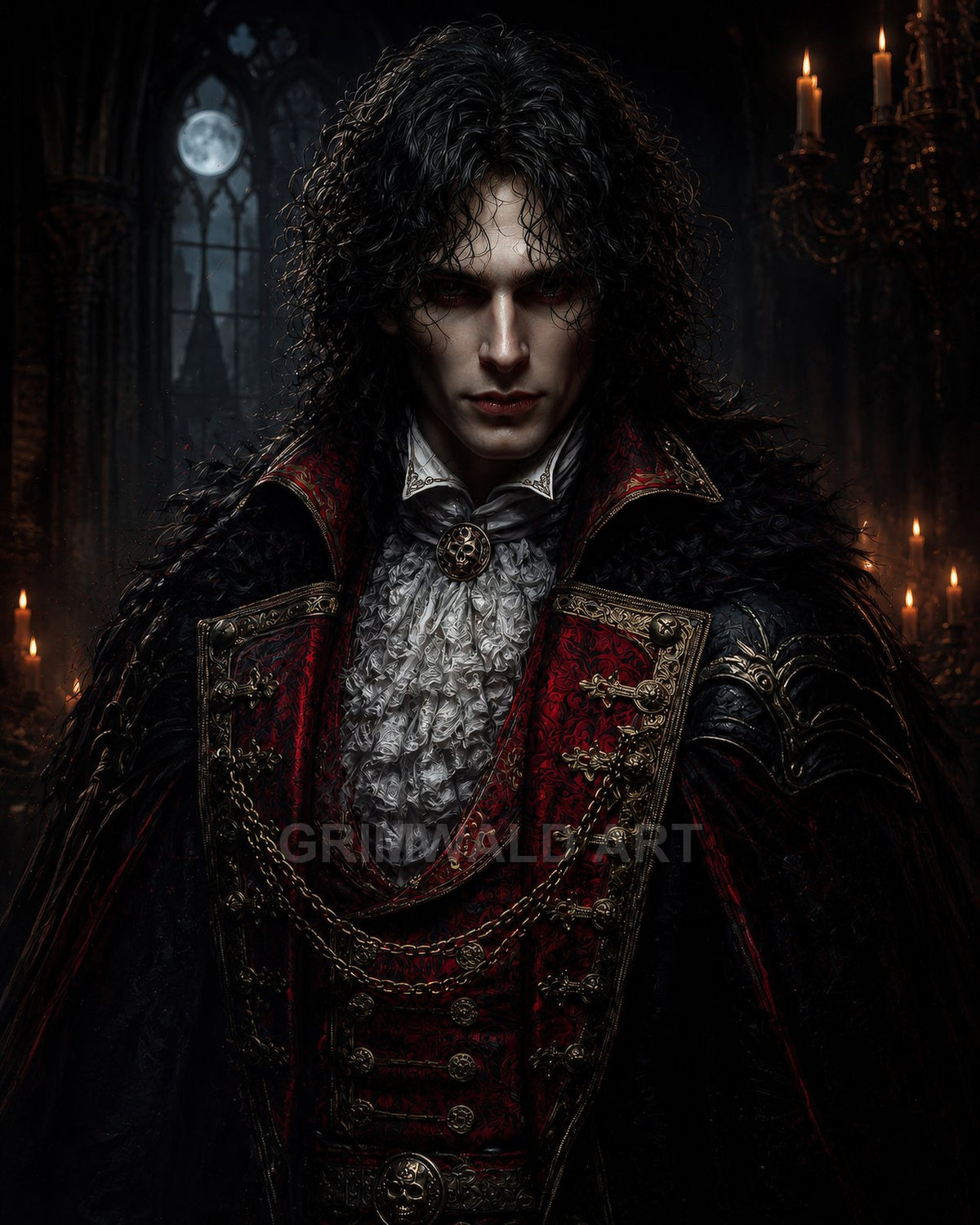 Pale, red-eyed vampire noble in ornate crimson and black attire, standing in a candlelit gothic hall with moonlit window behind.