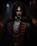 GRID THUMBNAIL — Pale, red-eyed vampire noble in ornate crimson and black attire, standing in a candlelit gothic hall with moonlit window behind.