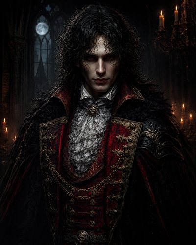 GRID THUMBNAIL — Pale, red-eyed vampire noble in ornate crimson and black attire, standing in a candlelit gothic hall with moonlit window behind.