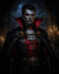 GRID THUMBNAIL — A red-eyed vampire noble in ornate crimson and black regalia stands in a gothic castle interior, moonlit and candlelit, staring forward.