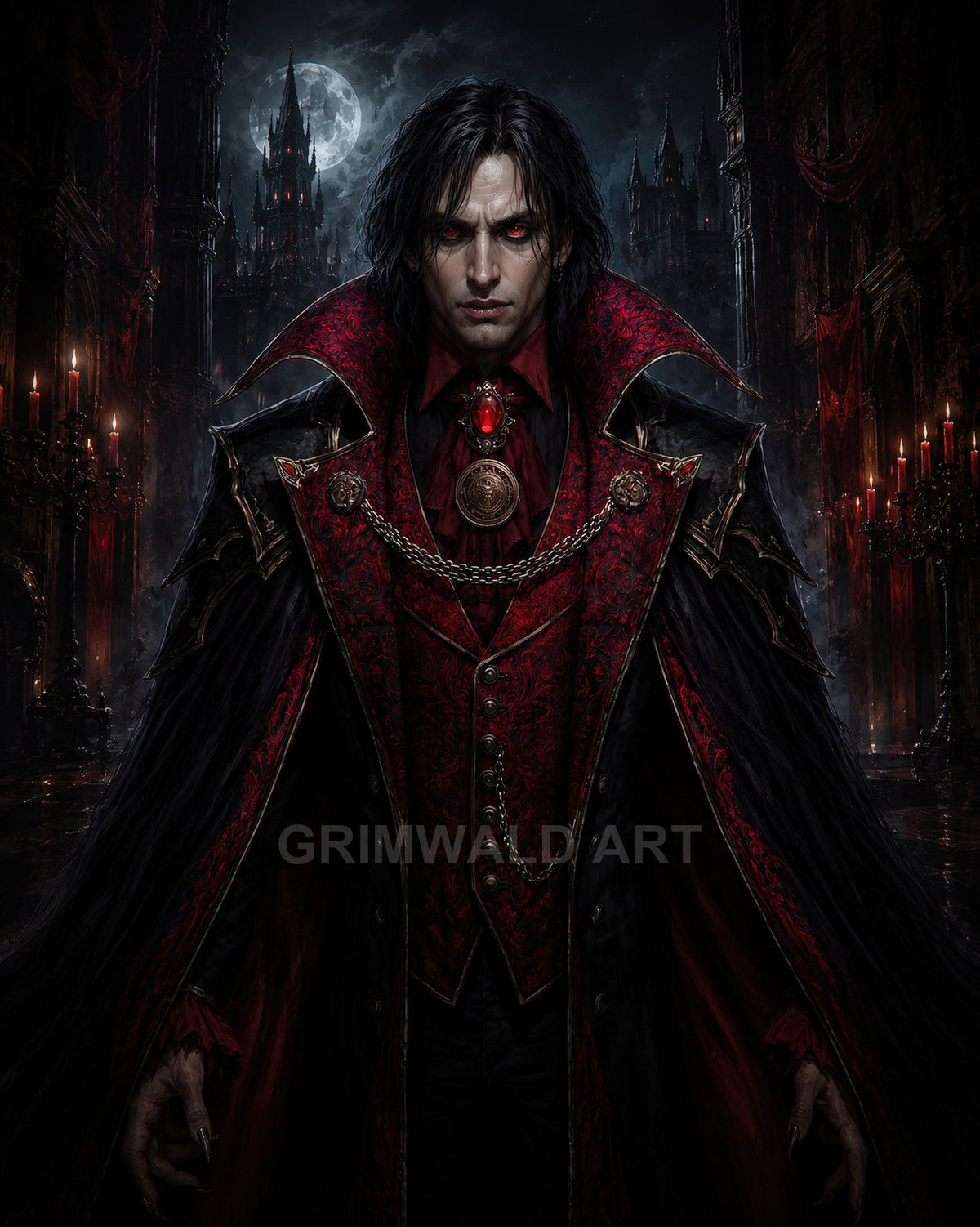 A pale, red-eyed vampire noble in ornate scarlet and black attire stands in a gothic castle hall beneath a full moon.