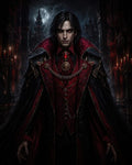 GRID THUMBNAIL — A pale, red-eyed vampire noble in ornate scarlet and black attire stands in a gothic castle hall beneath a full moon.