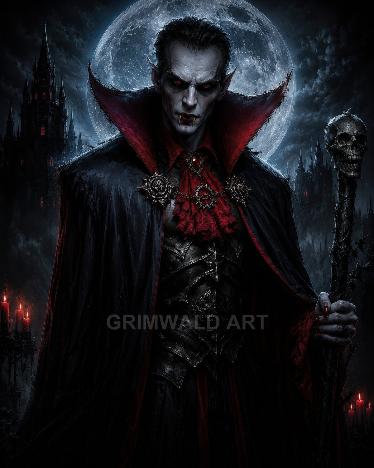 A pale, red-eyed vampire noble in black armour and crimson-lined cloak holds a skull-topped staff before a full moon and gothic castle.