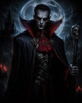 GRID THUMBNAIL — A pale, red-eyed vampire noble in black armour and crimson-lined cloak holds a skull-topped staff before a full moon and gothic castle.
