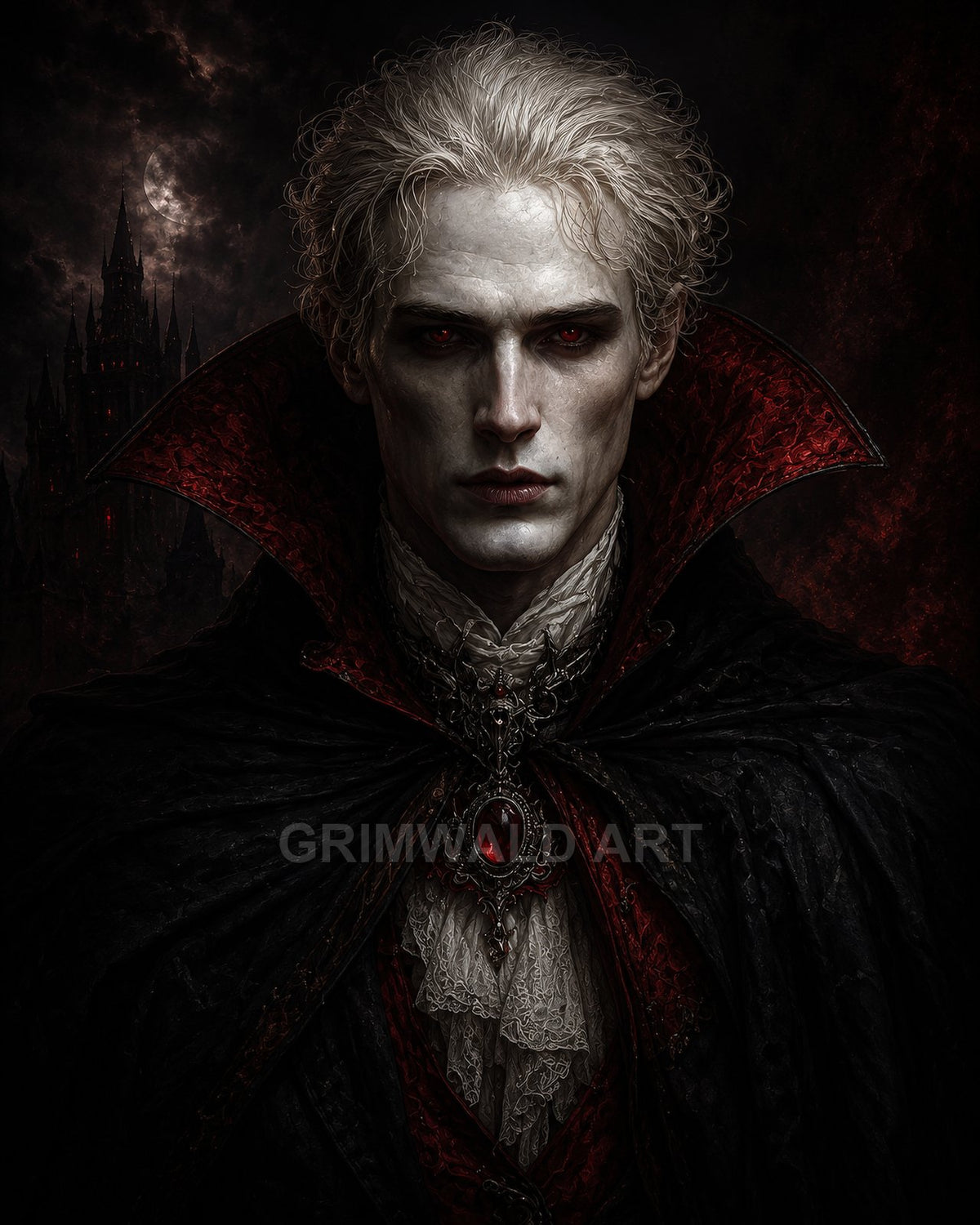 Gothic portrait of a pale, red-eyed vampire noble in black and crimson cloak, lace cravat, with a moonlit castle looming behind.