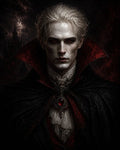 GRID THUMBNAIL — Gothic portrait of a pale, red-eyed vampire noble in black and crimson cloak, lace cravat, with a moonlit castle looming behind.