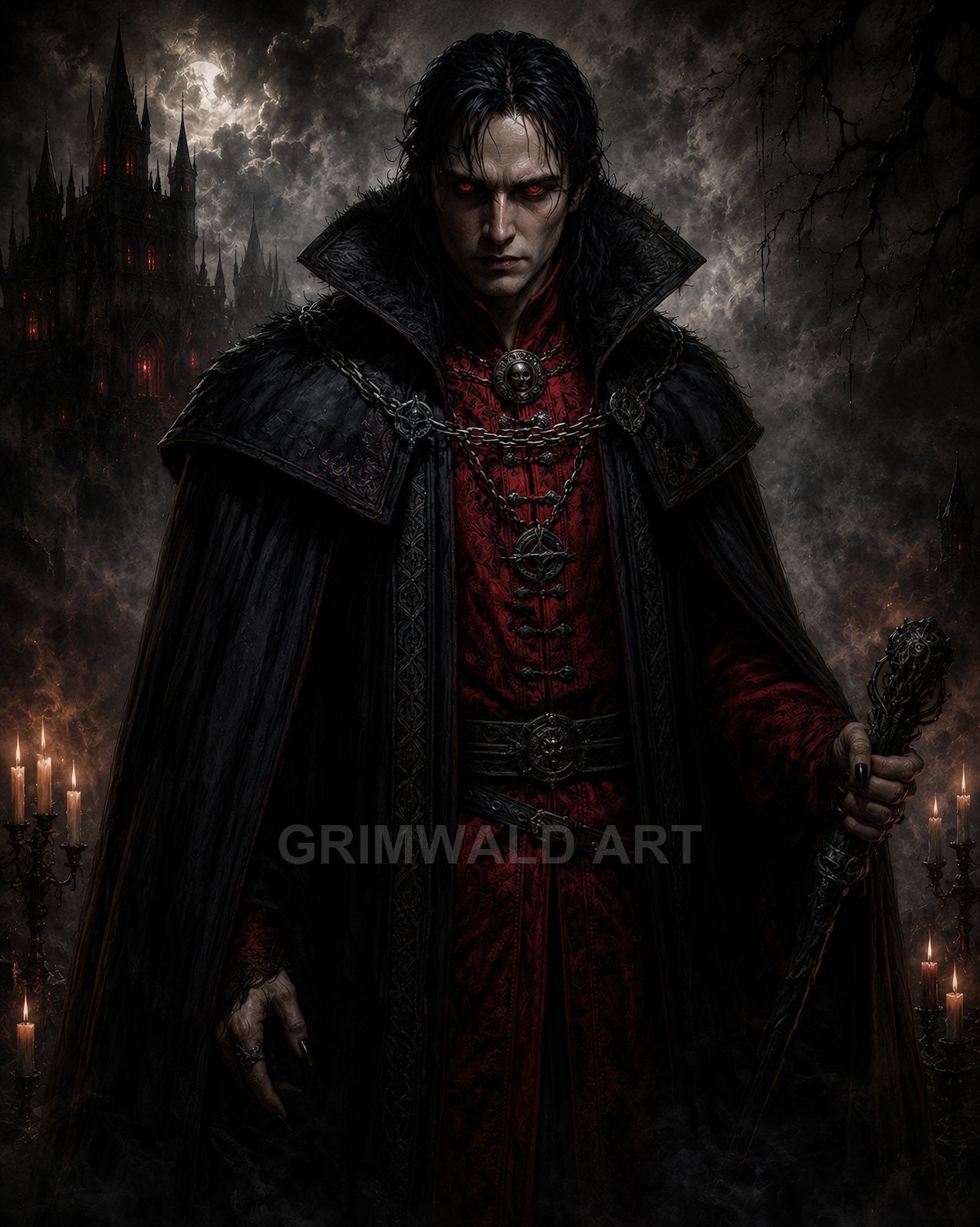 Red-eyed vampire noble in crimson brocade and black cloak holds an ornate staff before a moonlit gothic castle, candles flickering through swirling mist.