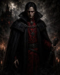 GRID THUMBNAIL — Red-eyed vampire noble in crimson brocade and black cloak holds an ornate staff before a moonlit gothic castle, candles flickering through swirling mist.