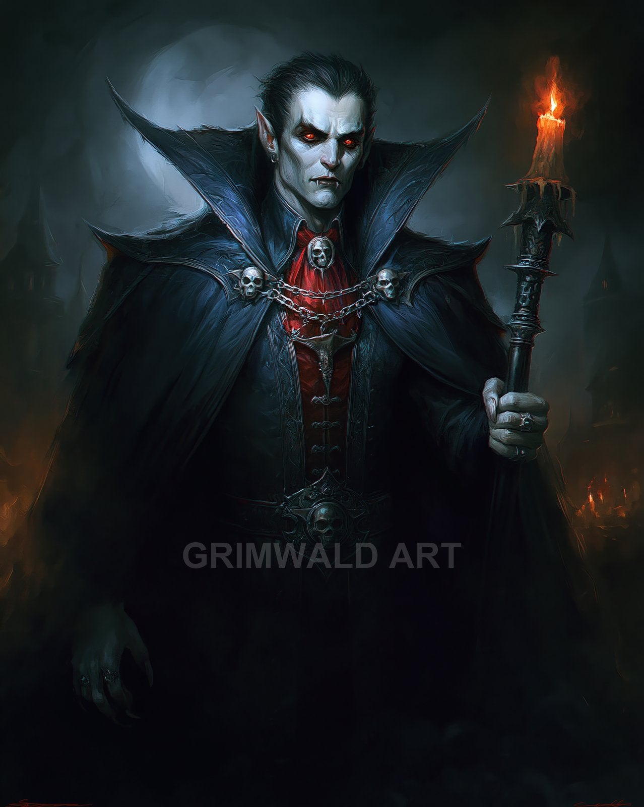 Moonlit portrait of a pale vampire noble with red eyes and skull-trimmed cloak, gripping a spiked torch before shadowy castle battlements.