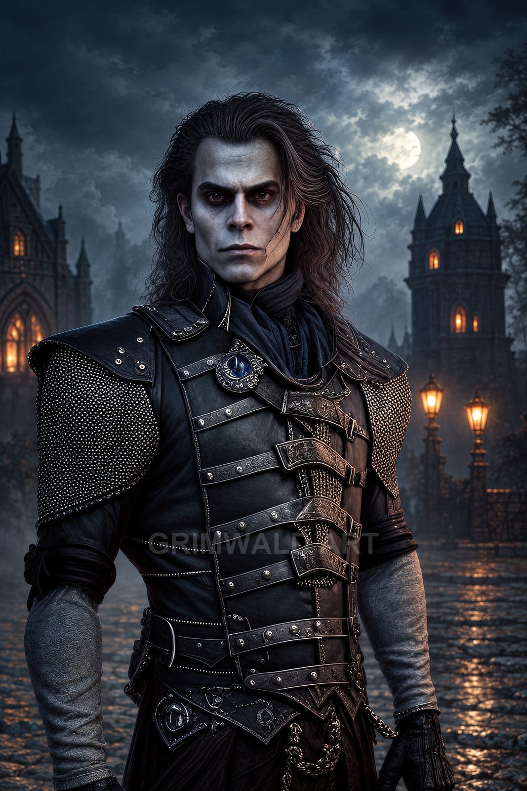 Pale male vampire in ornate black armour stands in a moonlit gothic city street, with glowing windows and gas lamps behind.