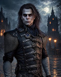 GRID THUMBNAIL — Pale male vampire in ornate black armour stands in a moonlit gothic city street, with glowing windows and gas lamps behind.