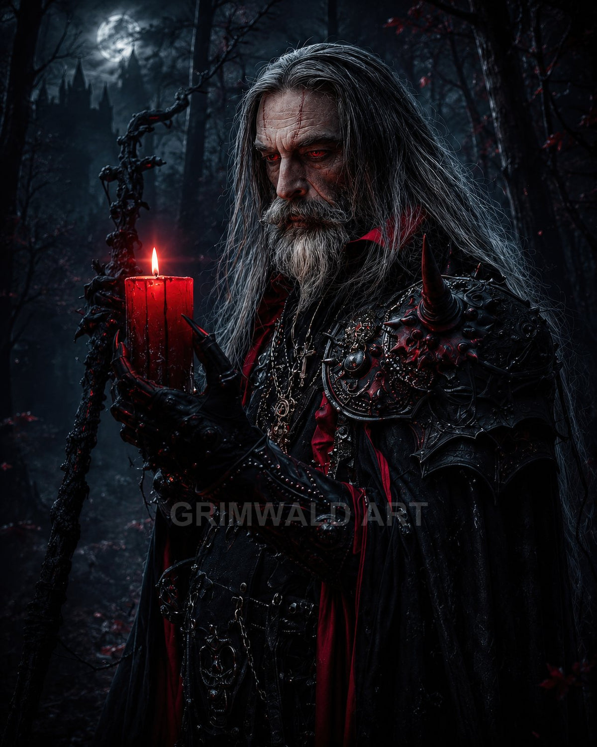 Grey-haired vampire warlock in spiked gothic armour holds a glowing red candle in a moonlit forest, with a distant castle silhouetted behind.