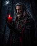 GRID THUMBNAIL — Grey-haired vampire warlock in spiked gothic armour holds a glowing red candle in a moonlit forest, with a distant castle silhouetted behind.
