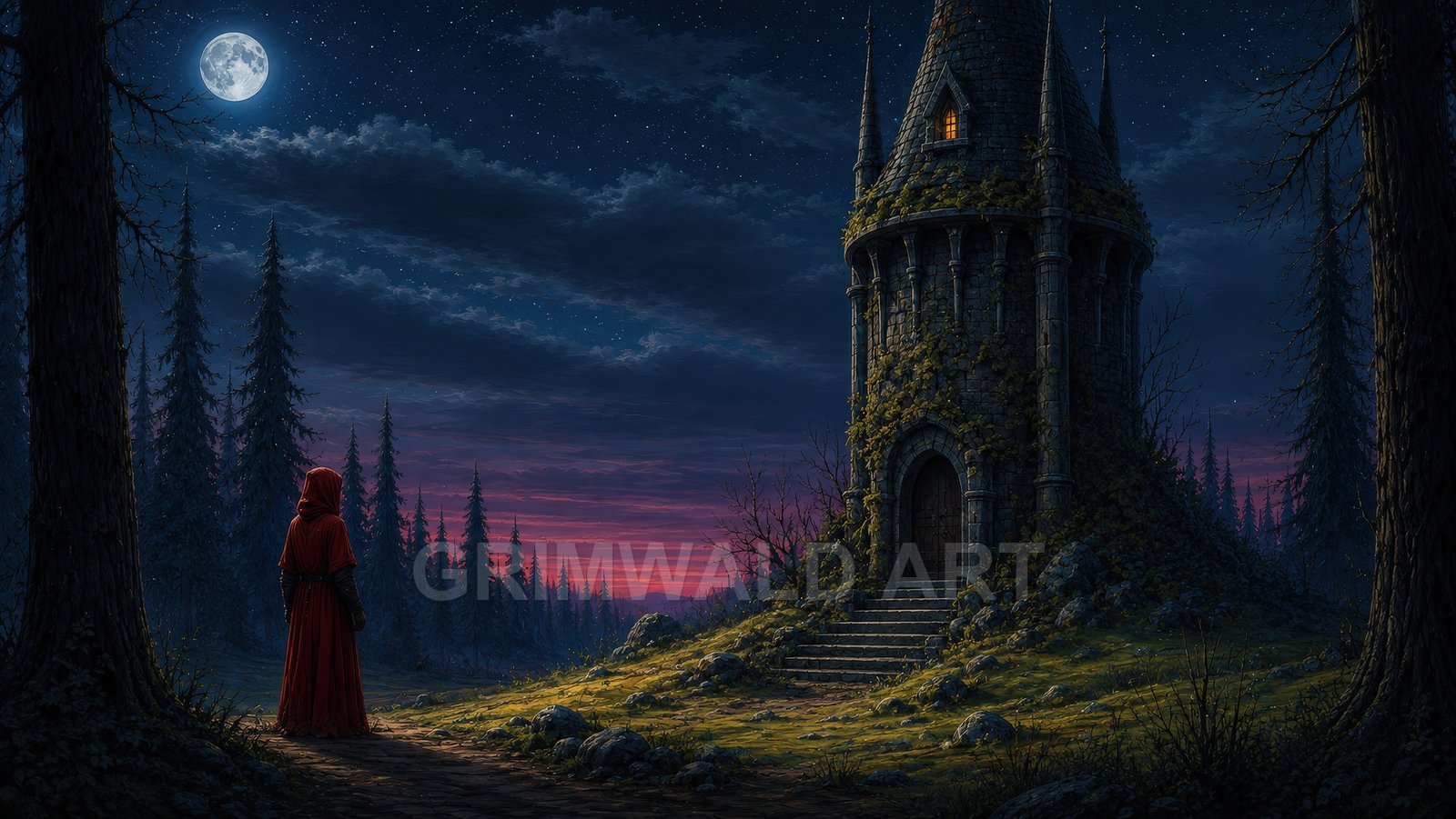 Moonlit pine forest with a hooded figure facing a vine-clad stone tower, warm window light glowing, under a starry twilight sky and full moon.