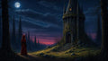 GRID THUMBNAIL — Moonlit pine forest with a hooded figure facing a vine-clad stone tower, warm window light glowing, under a starry twilight sky and full moon.