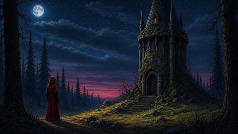 GRID THUMBNAIL — Moonlit pine forest with a hooded figure facing a vine-clad stone tower, warm window light glowing, under a starry twilight sky and full moon.