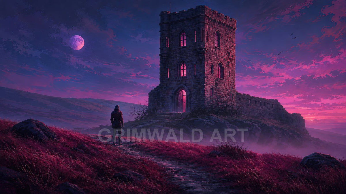 Purple twilight landscape with a stone watchtower glowing pink, full moon overhead, lone hooded traveller on a rocky path, mist drifting across hills.