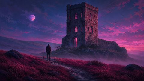 GRID THUMBNAIL — Purple twilight landscape with a stone watchtower glowing pink, full moon overhead, lone hooded traveller on a rocky path, mist drifting across hills.