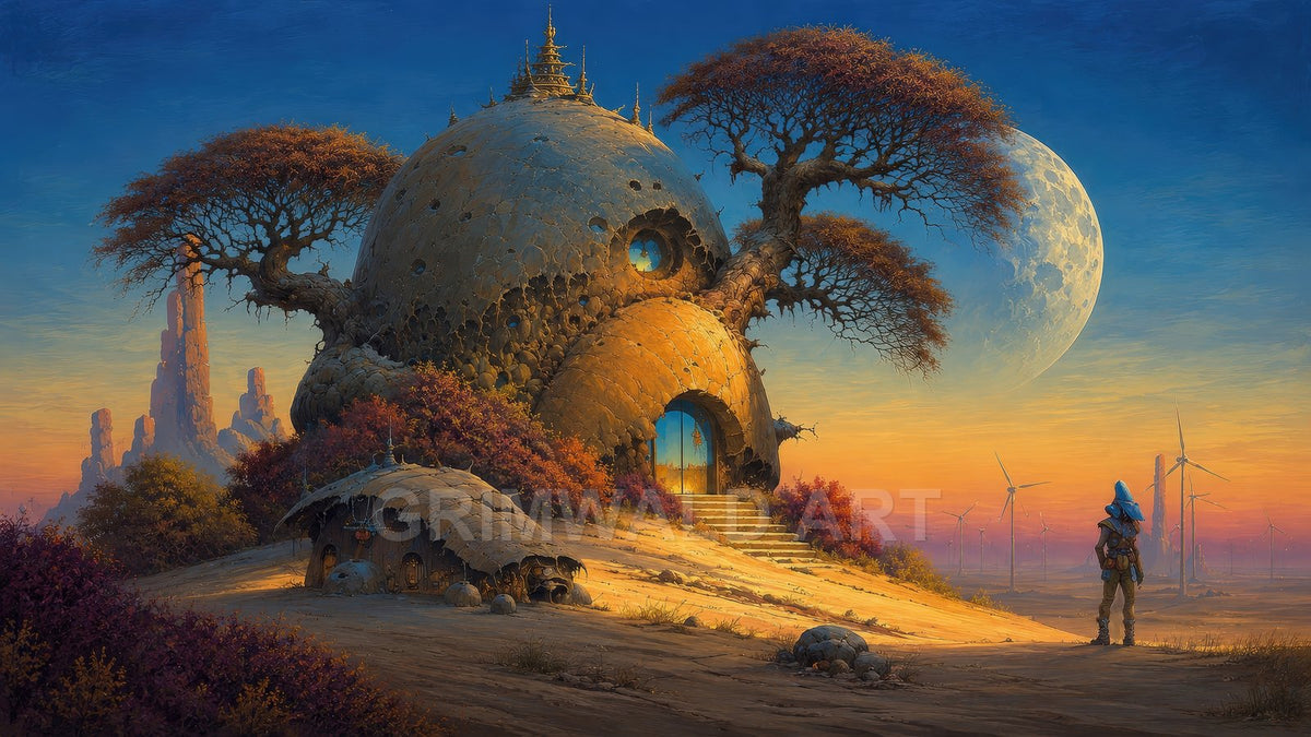 Fantastical dome-shaped house with trees growing from it under a huge moon, wind turbines on the horizon, lone traveller on a path at sunset.