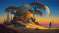 GRID THUMBNAIL — Fantastical dome-shaped house with trees growing from it under a huge moon, wind turbines on the horizon, lone traveller on a path at sunset.