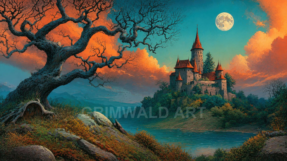 A gnarled tree frames a hilltop castle with red roofs beside a wide river under a glowing full moon and orange clouds.