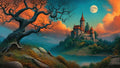 GRID THUMBNAIL — A gnarled tree frames a hilltop castle with red roofs beside a wide river under a glowing full moon and orange clouds.