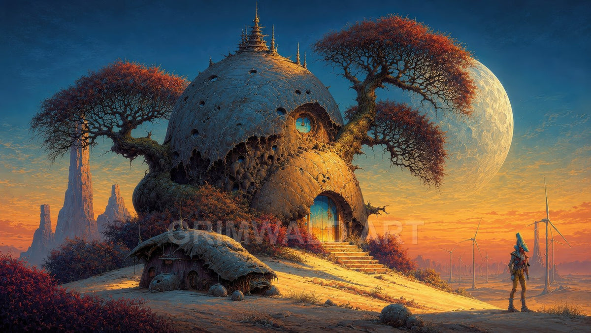 An organic domed house nestled into a sandy slope beneath twisted trees, with giant moon, wind turbines and distant spires at sunset.