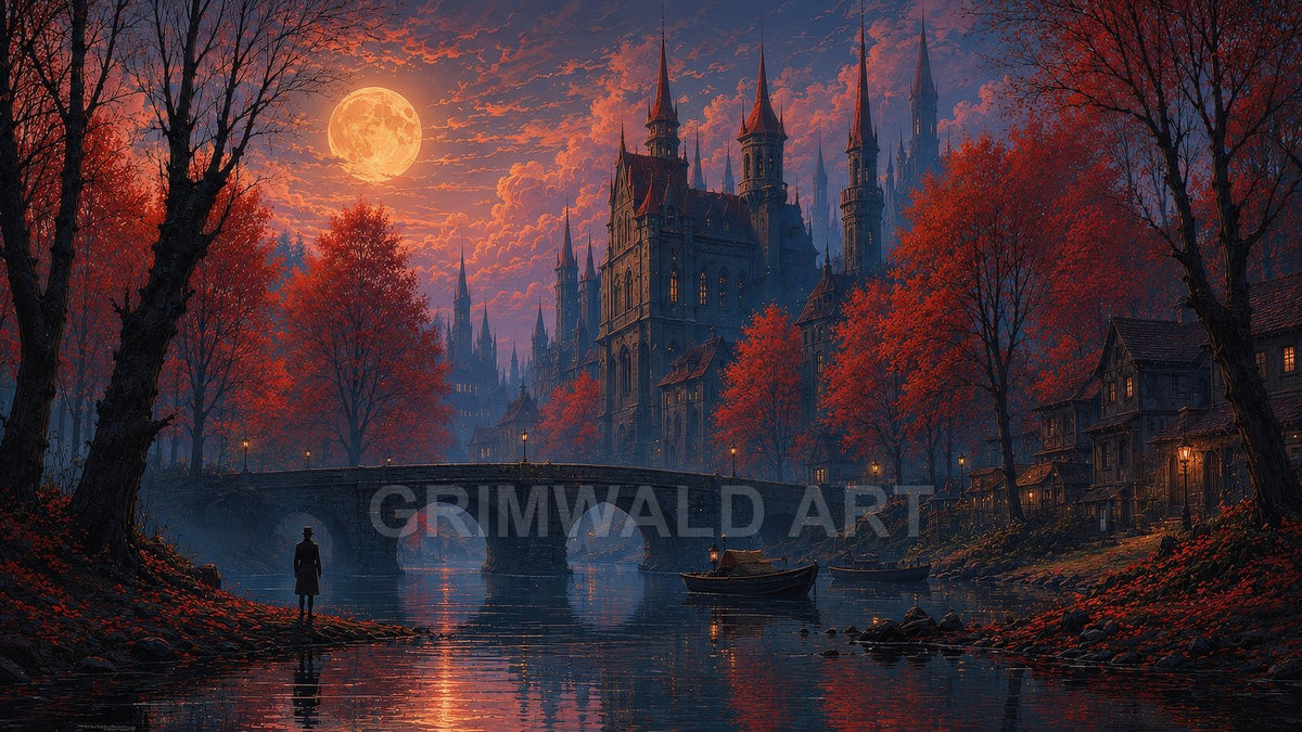 Gothic castle with towering spires beside a river under a full moon, stone bridge, red autumn trees, boats, and a lone figure.