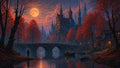 GRID THUMBNAIL — Gothic castle with towering spires beside a river under a full moon, stone bridge, red autumn trees, boats, and a lone figure.