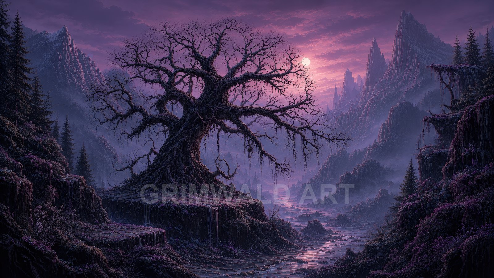 Gnarled leafless tree towers over a rocky valley under a purple moonlit sky, misty mountains, dark firs, and a winding stream below.