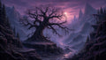GRID THUMBNAIL — Gnarled leafless tree towers over a rocky valley under a purple moonlit sky, misty mountains, dark firs, and a winding stream below.