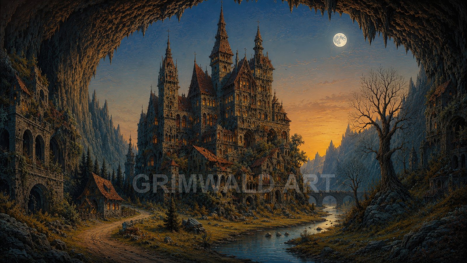 Grand spired castle nestled in a cavern-framed valley at twilight, warm windows aglow, river and stone bridge below, full moon overhead.