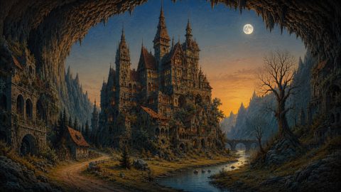 GRID THUMBNAIL — Grand spired castle nestled in a cavern-framed valley at twilight, warm windows aglow, river and stone bridge below, full moon overhead.