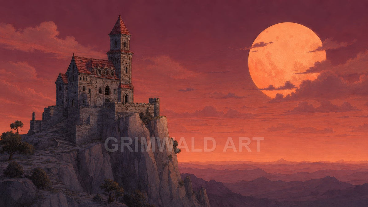 A stone castle with red roofs crowns a rocky cliff above distant mountains, facing an enormous orange full moon in a vivid sunset sky.