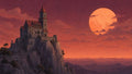 GRID THUMBNAIL — A stone castle with red roofs crowns a rocky cliff above distant mountains, facing an enormous orange full moon in a vivid sunset sky.