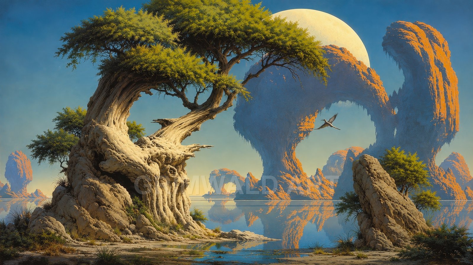 A gnarled tree leans over a calm lake, with towering orange rock arches, a large pale moon, and a lone bird in flight.