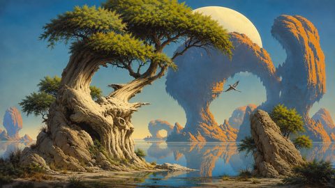GRID THUMBNAIL — A gnarled tree leans over a calm lake, with towering orange rock arches, a large pale moon, and a lone bird in flight.