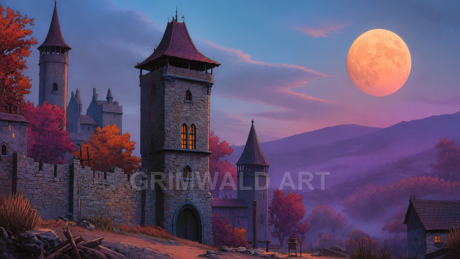 A stone-walled castle with tall towers and warm windows amid autumn trees, beneath a huge moon above misty purple hills at twilight.