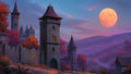 GRID THUMBNAIL — A stone-walled castle with tall towers and warm windows amid autumn trees, beneath a huge moon above misty purple hills at twilight.