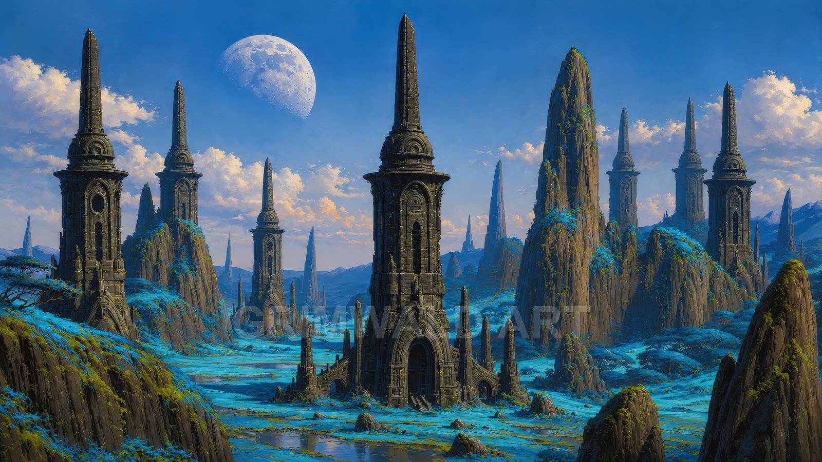 Moonrise Over Gothic Spires – Retro Fantasy Landscape Art