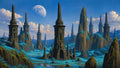 GRID THUMBNAIL — Gothic stone towers rise among jagged rock pinnacles in a luminous blue valley, while a large moon hangs above under bright clouds and clear sky.