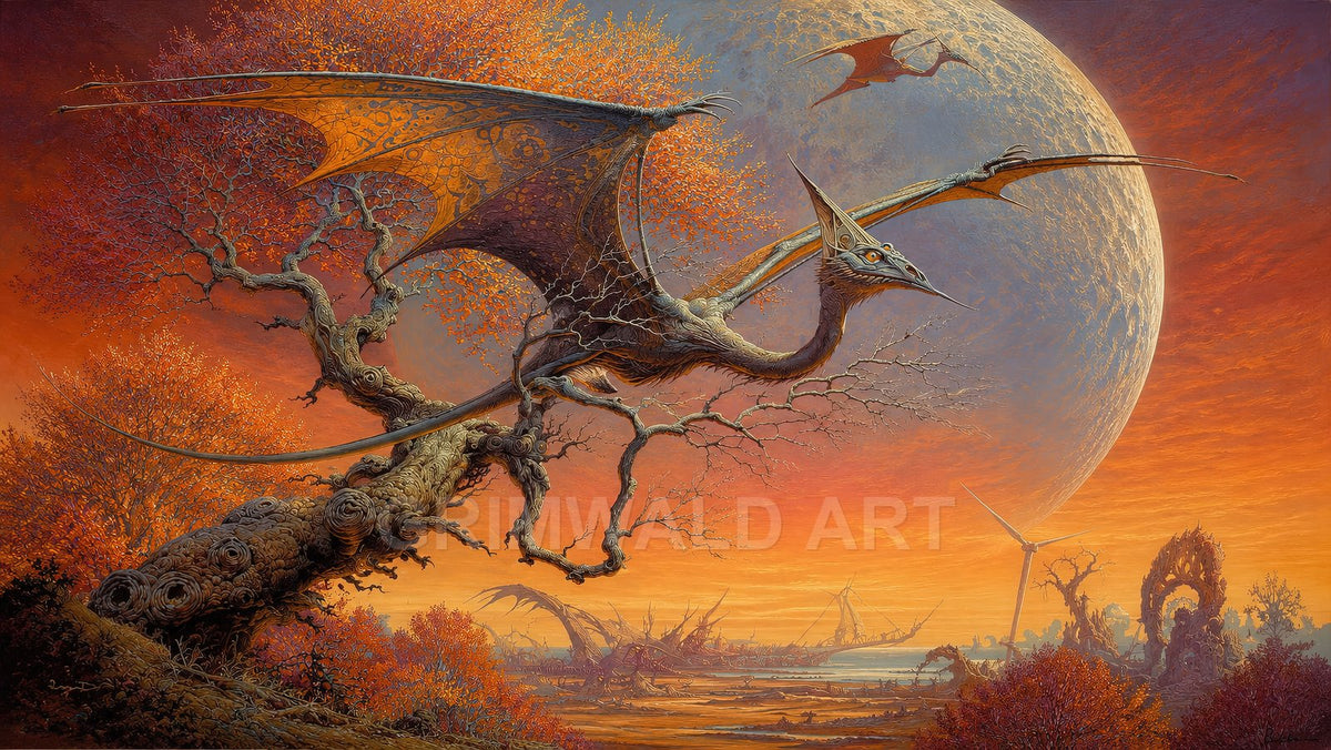 A pterosaur perches on a gnarled autumn tree before a huge rising moon, with distant turbines and ruins beside a glowing lake at sunset.