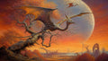 GRID THUMBNAIL — A pterosaur perches on a gnarled autumn tree before a huge rising moon, with distant turbines and ruins beside a glowing lake at sunset.