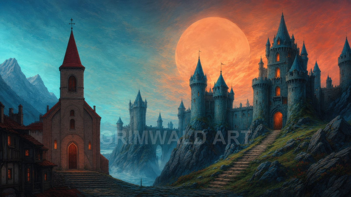 A towering cliff-top castle with glowing windows overlooks a misty coast and arched bridge under a vast red moon at twilight.