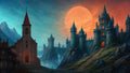 GRID THUMBNAIL — A towering cliff-top castle with glowing windows overlooks a misty coast and arched bridge under a vast red moon at twilight.