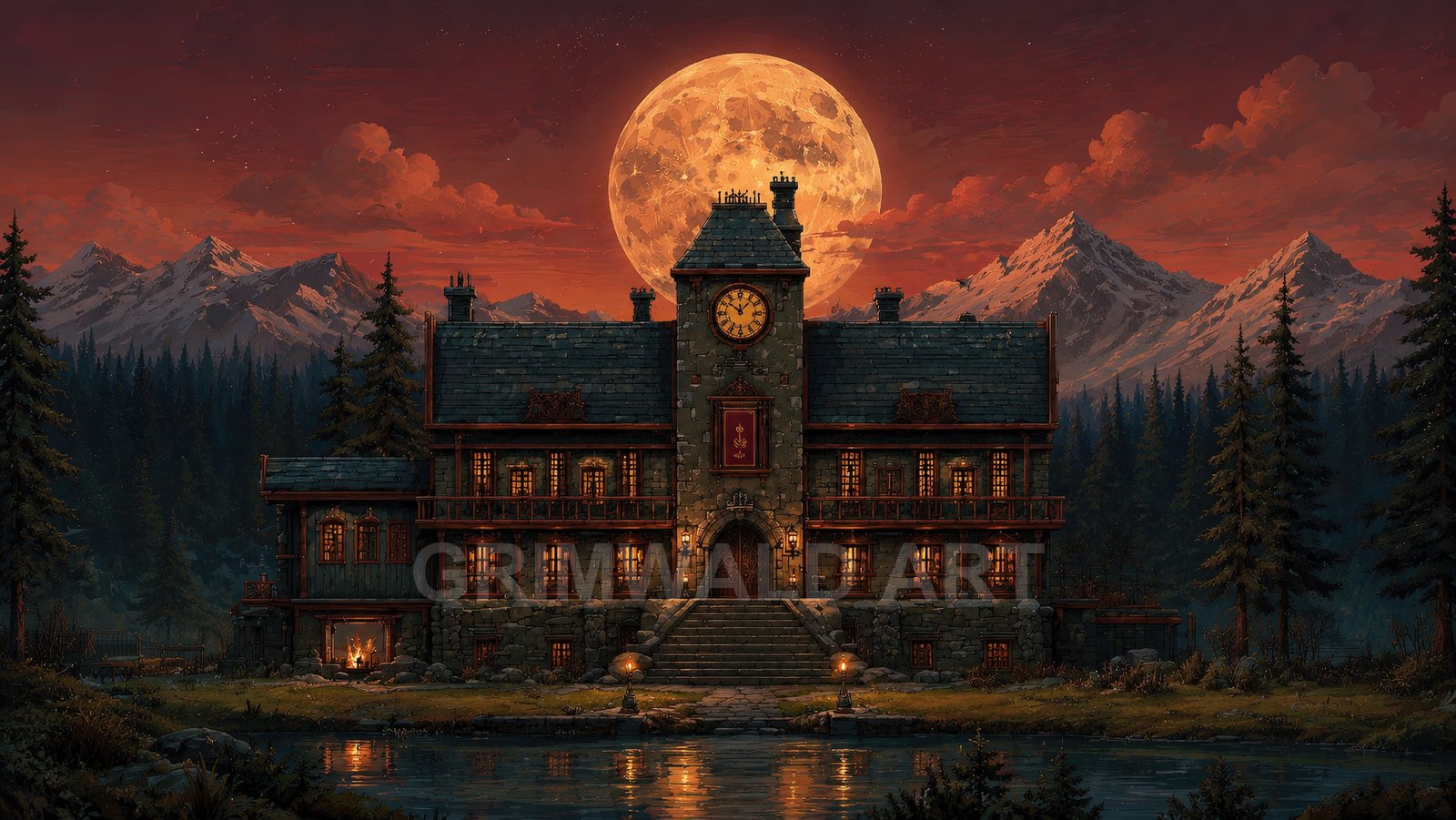 Stone manor with a central clocktower glows by torchlight beside a still lake, framed by pines, mountains, and a vast orange moon.