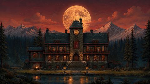 GRID THUMBNAIL — Stone manor with a central clocktower glows by torchlight beside a still lake, framed by pines, mountains, and a vast orange moon.